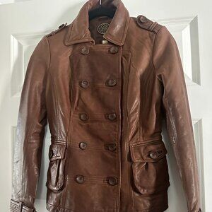 Anthropologie Leather Jacket Beautiful Brown Double Breasted Waist length XS